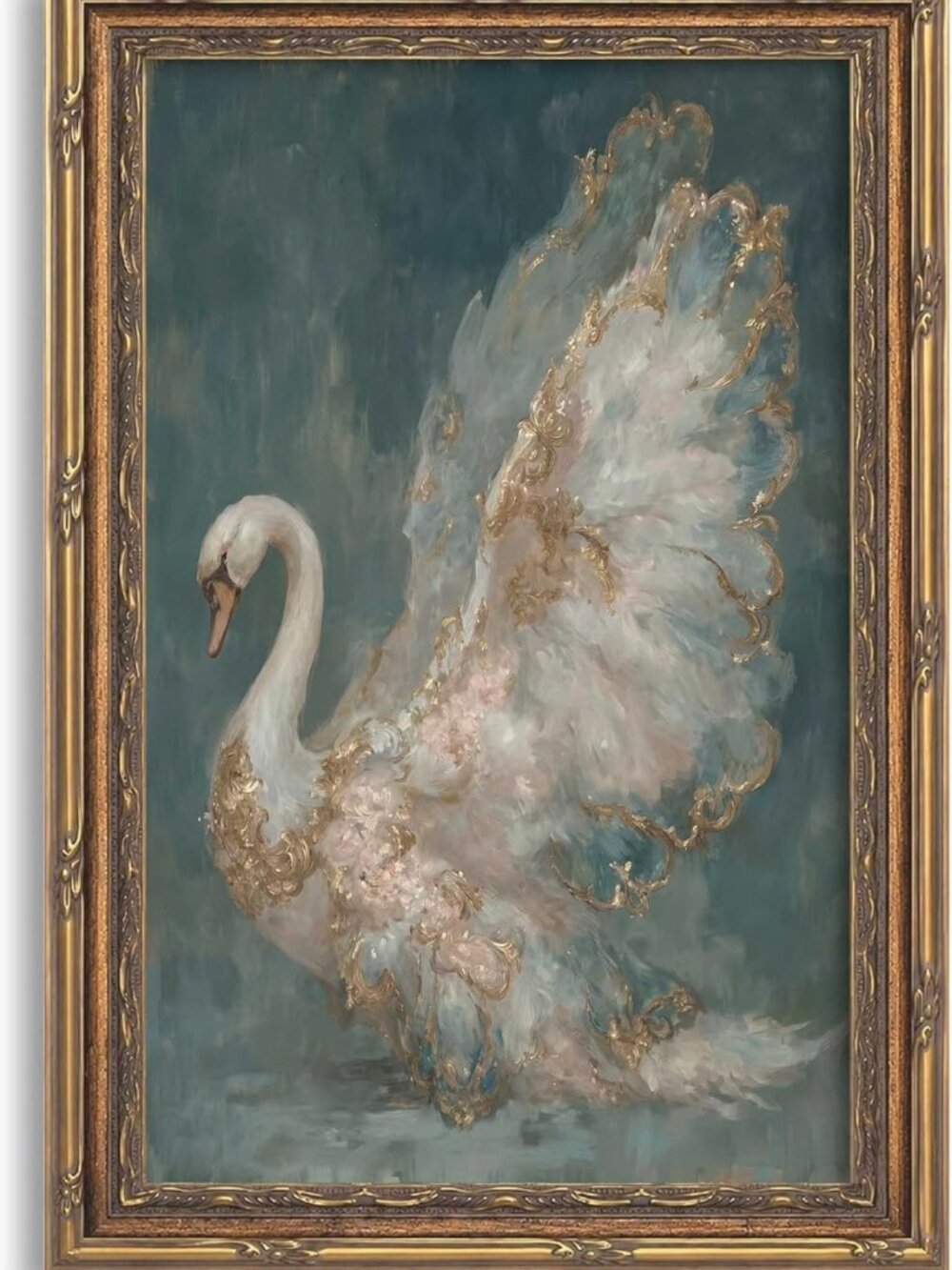 Elegant Gold Framed White Swan Canvas Art Print - Moody Animal Wall Decor